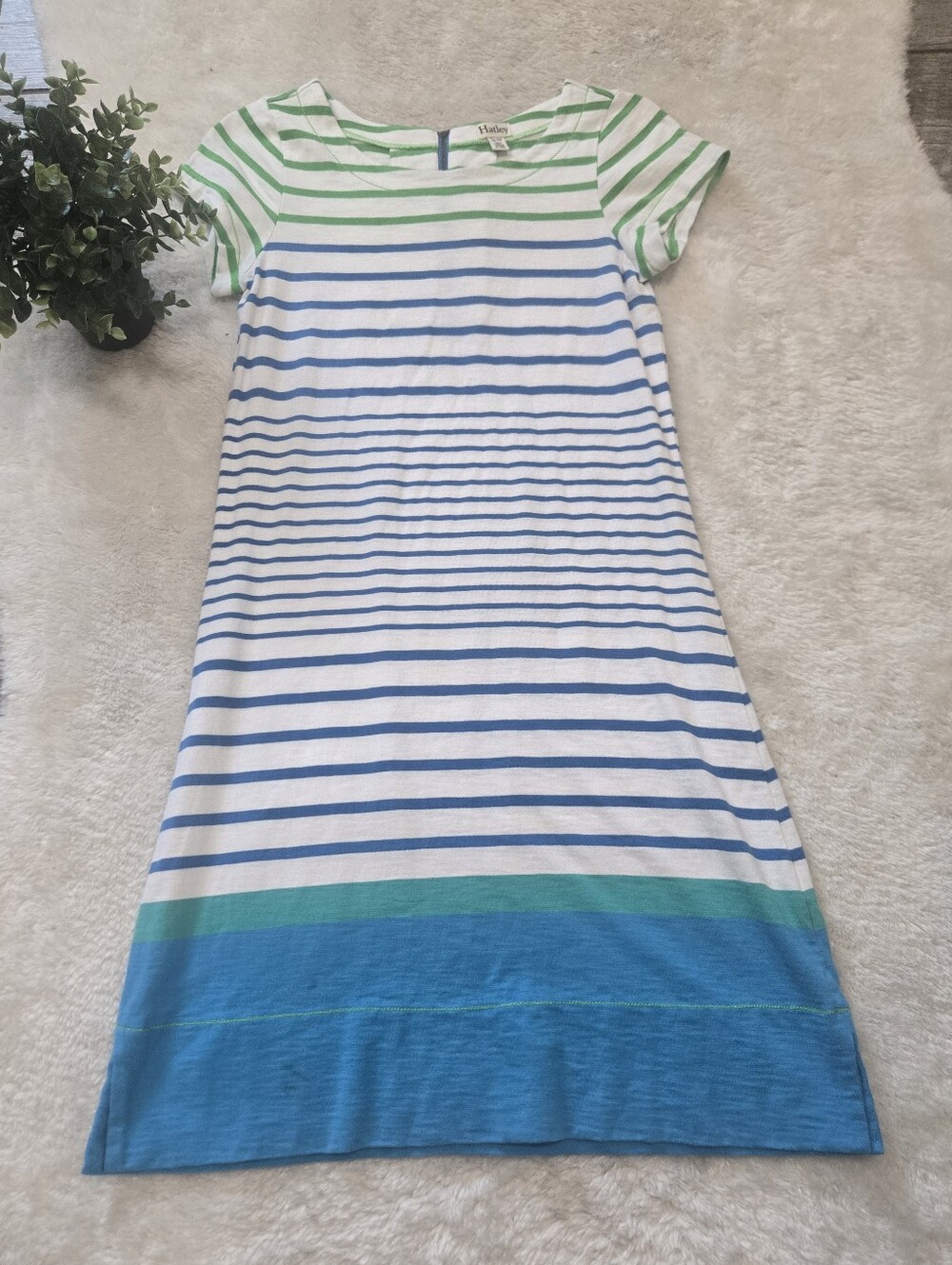 Hatley Green, White, & Blue Striped Short Sleeve Preppy Cotton Dress, X-Small